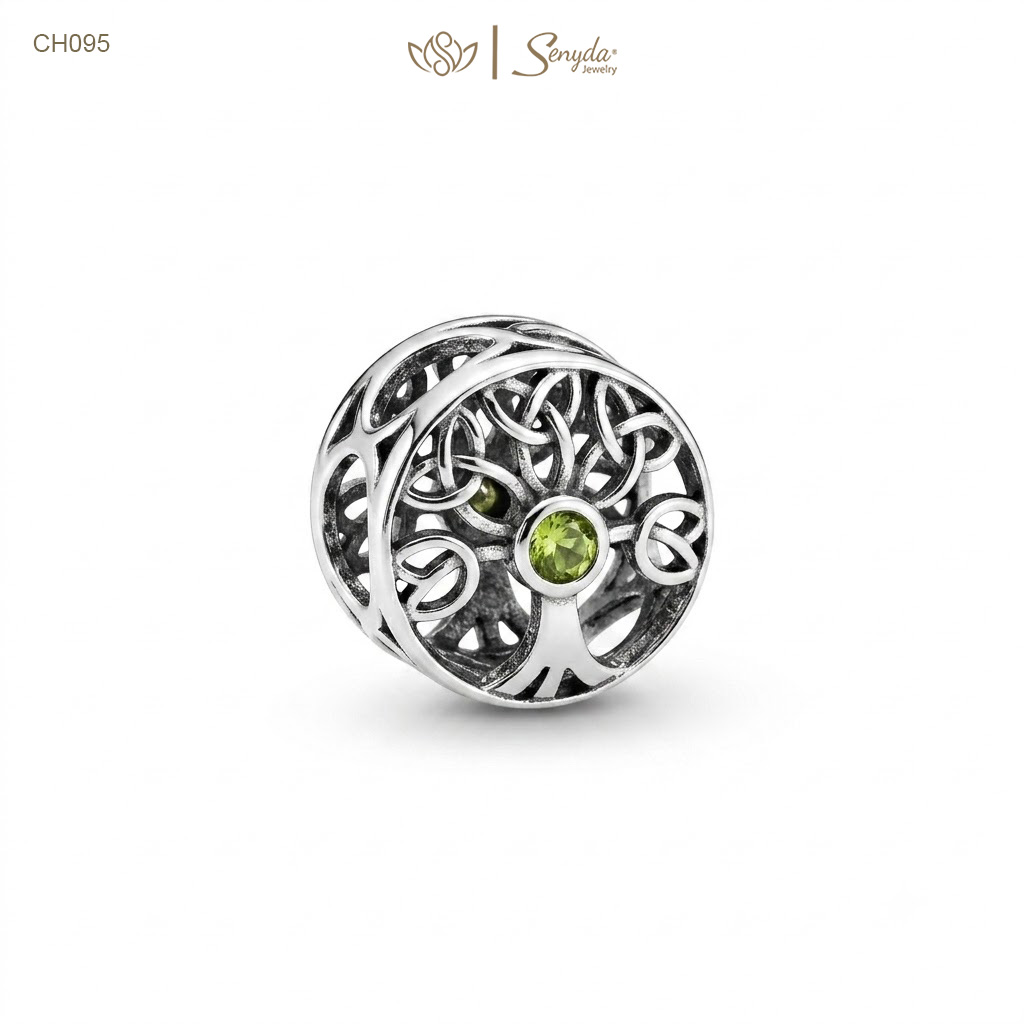 Charm Bạc Senyda cây đời lá trơn nụ đá màu vàng xỏ