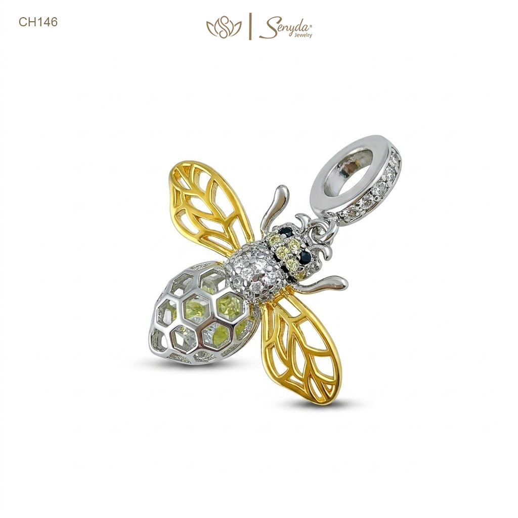 Charm Bạc Senyda con ong thân lưới lồng đá cánh xi vàng treo