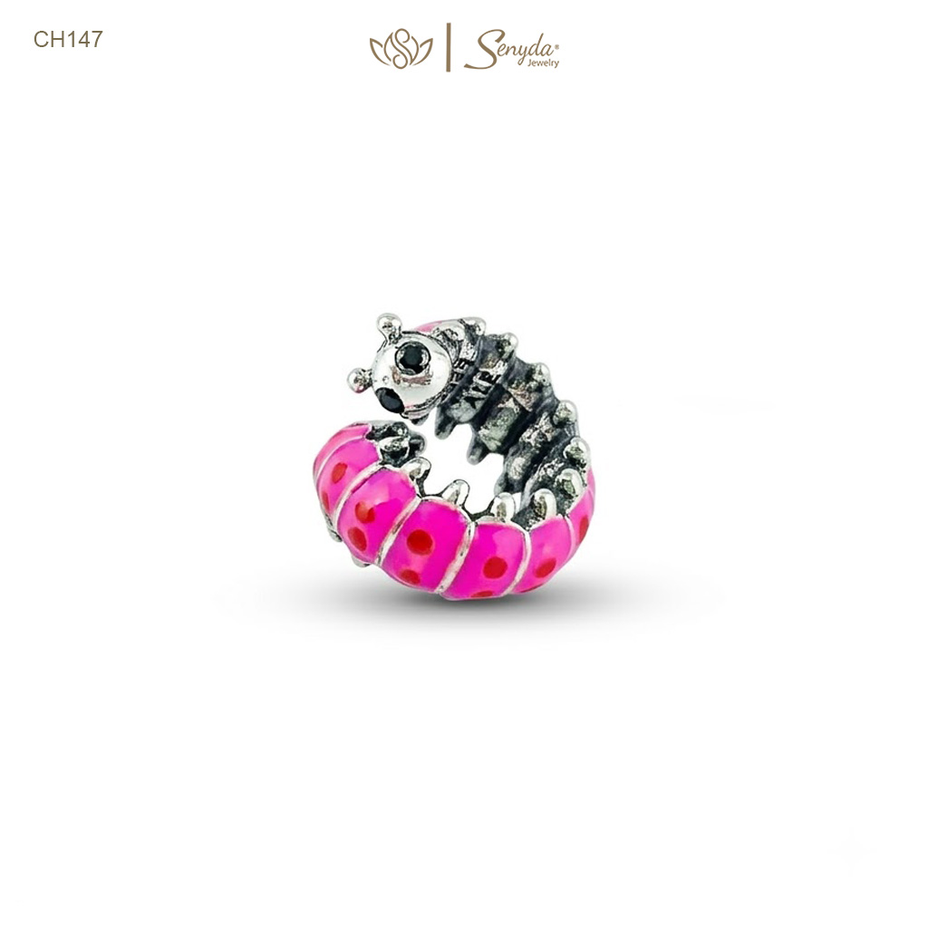 Charm Bạc Senyda con sâu màu hồng quấn xỏ