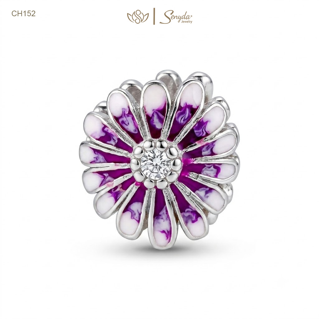 Charm Bạc Senyda hoa cúc cánh tím nụ đá xi vàng hồng xỏ