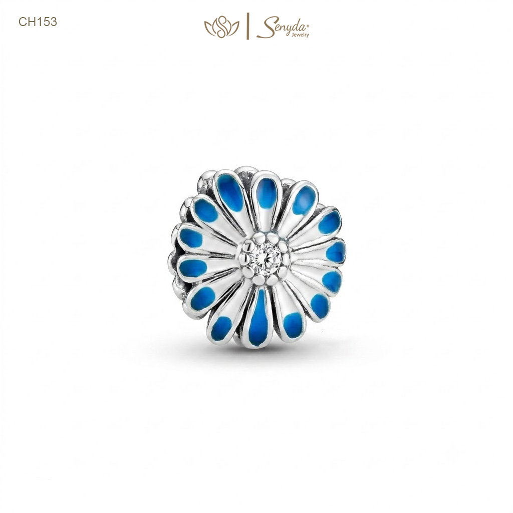 Charm Bạc Senyda hoa cúc cánh xanh dương nụ đá xỏ