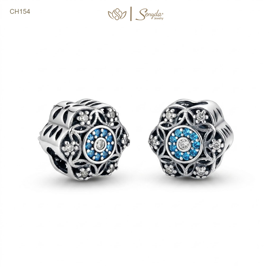 Charm Bạc Senyda hoa tuyết tròn 6 cánh nụ đá nhụy viền đá xanh dương