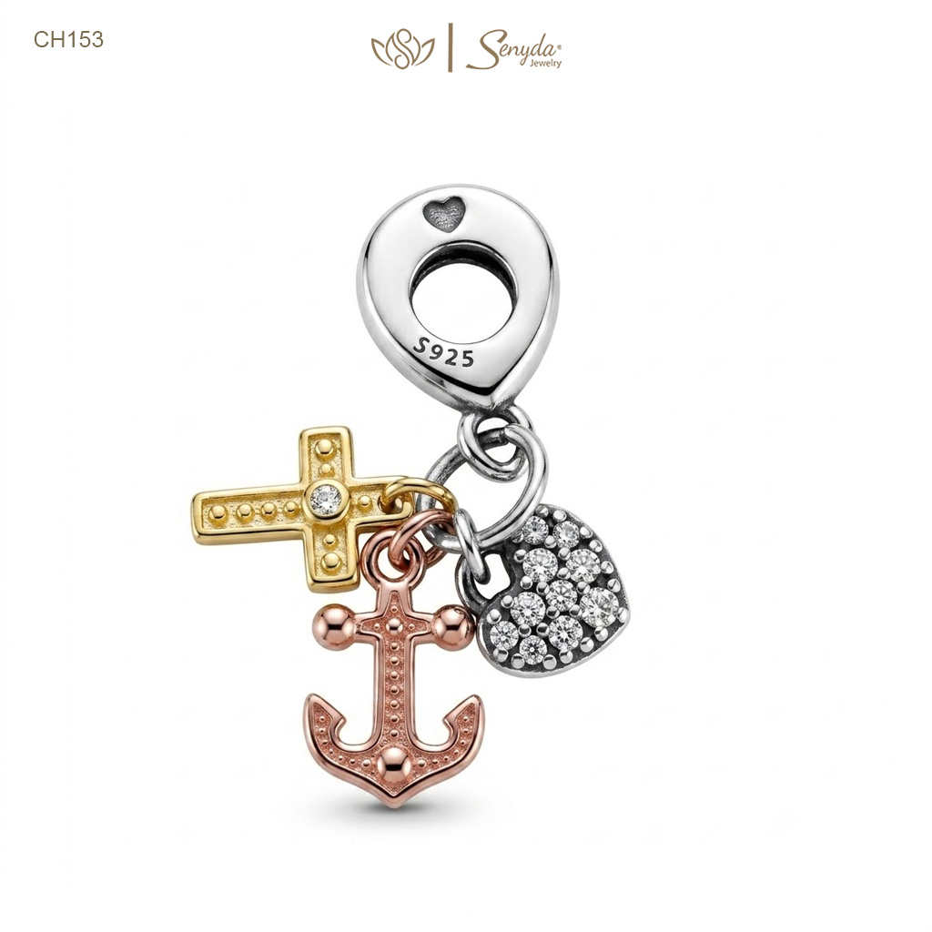 Charm Bạc Senyda mỏ neo dấu cộng tim đá tấm treo