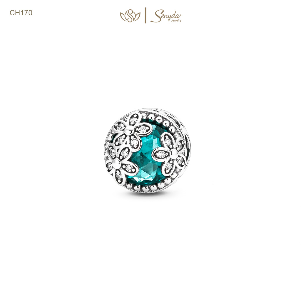 Charm Bạc Senyda pha lê giác xanh dương ốp 3 hoa 5 cánh đá xỏ