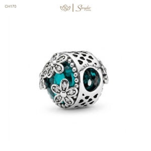 Charm Bạc Senyda pha lê giác xanh dương ốp 3 hoa 5 cánh đá xỏ
