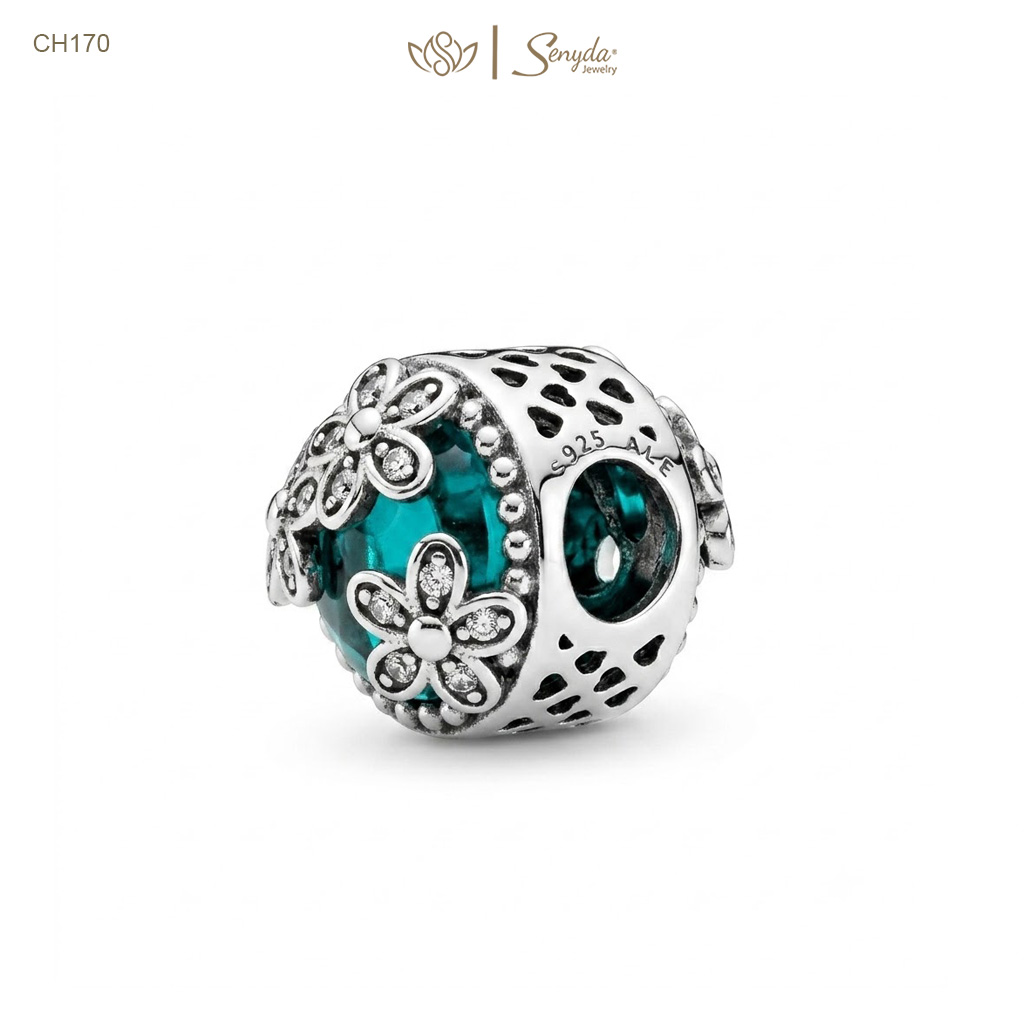 Charm Bạc Senyda pha lê giác xanh dương ốp 3 hoa 5 cánh đá xỏ
