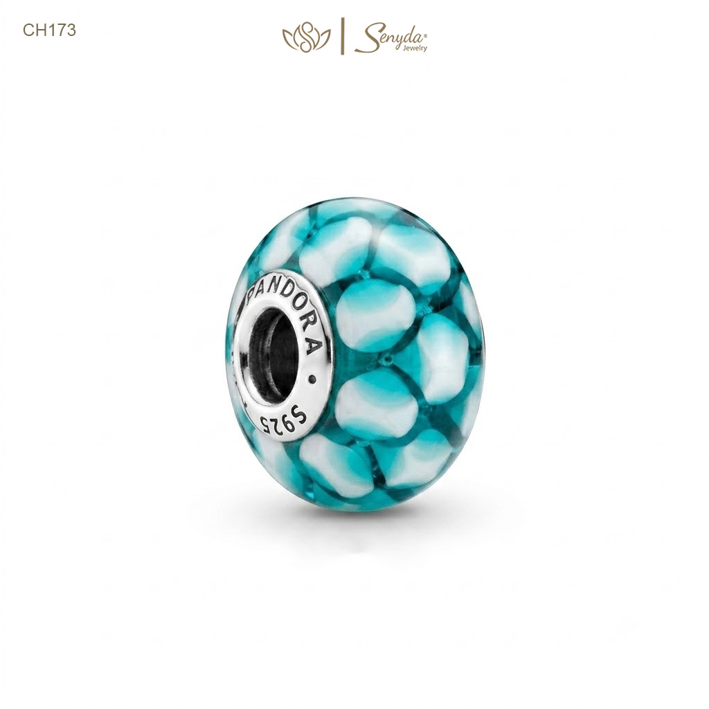 Charm Bạc Senyda thủy tinh Murano vảy cá xanh lá xỏ