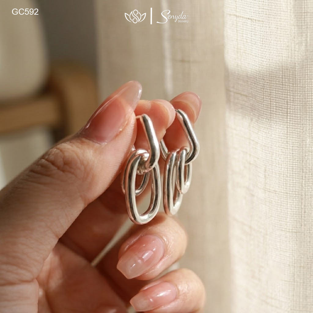 GC592 Bông tai bạc Ý Senyda khoen dài treo 2 khoen