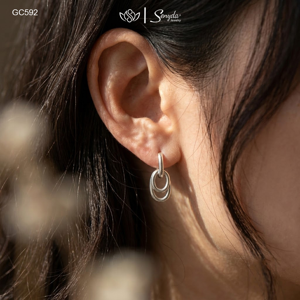 GC592 Bông tai bạc Ý Senyda khoen dài treo 2 khoen