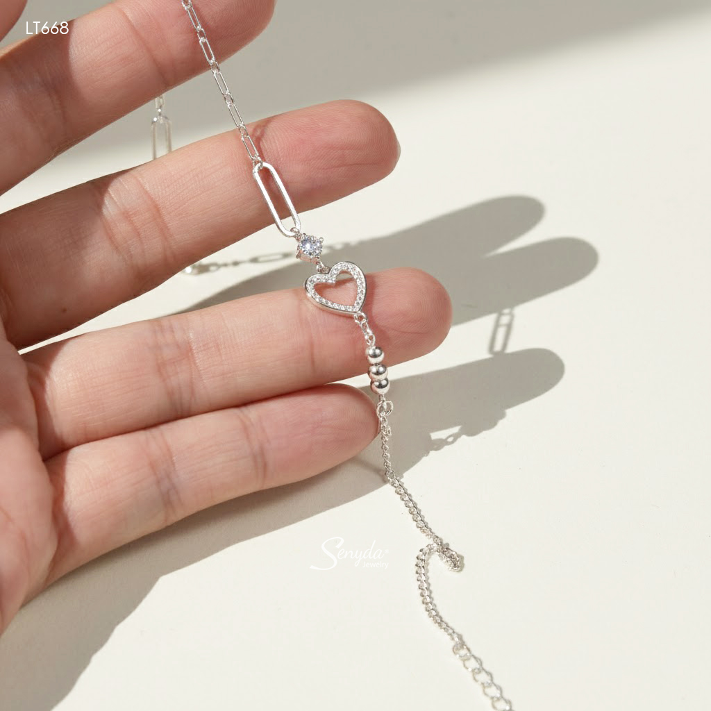 LT668 Lắc tay bạc Ý Senyda dây khoen dài nối khoen lật trái tim đá rỗng nụ đá