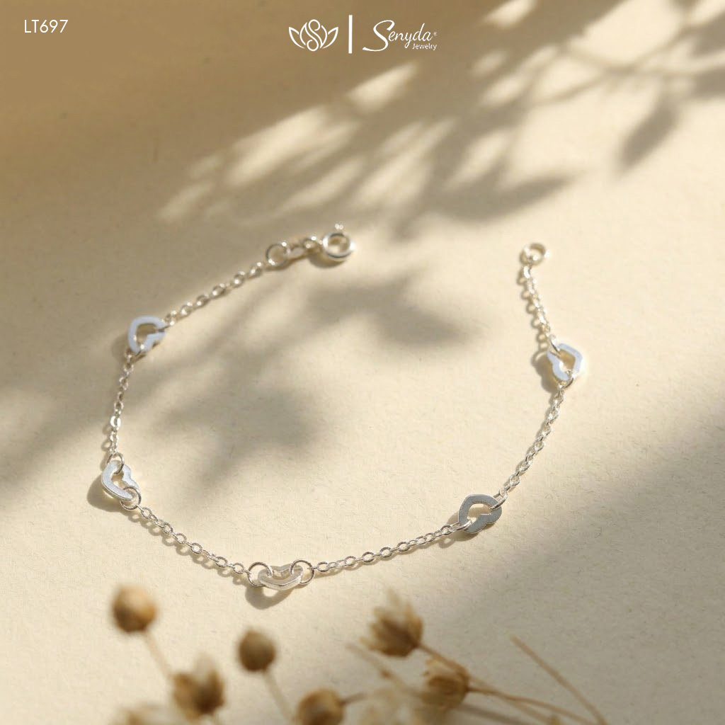 LT697 Lắc tay bạc Ý Senyda dây chữ cong xen tim trơn rỗng nhỏ