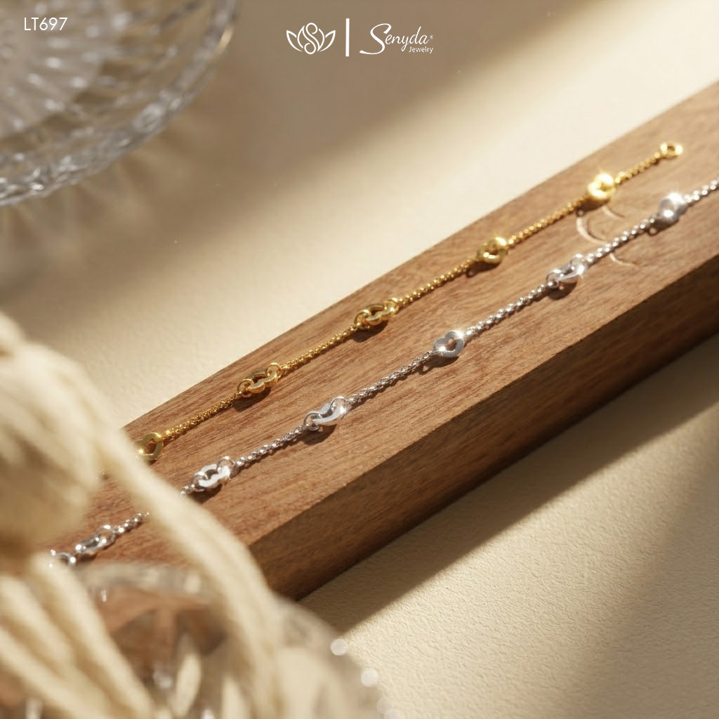 LT697 Lắc tay bạc Ý Senyda dây chữ cong xen tim trơn rỗng nhỏ