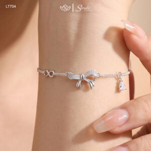 LT704 Lắc tay bạc Ý dây khoen lật vuông nơ trơn đá xen vô cực