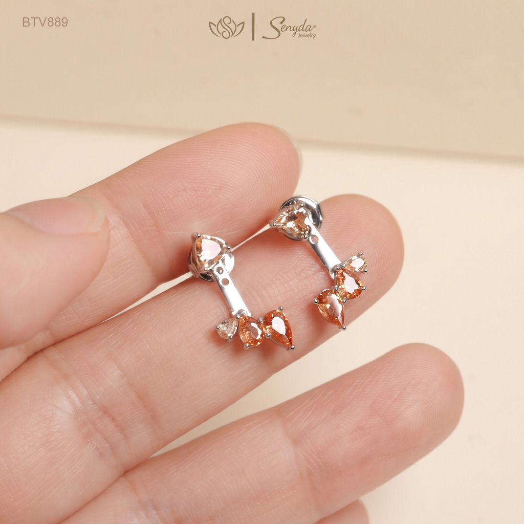 BTV889 Bông tai vàng Senyda nụ đá trái tim 4mm dãy giọt nước dưới